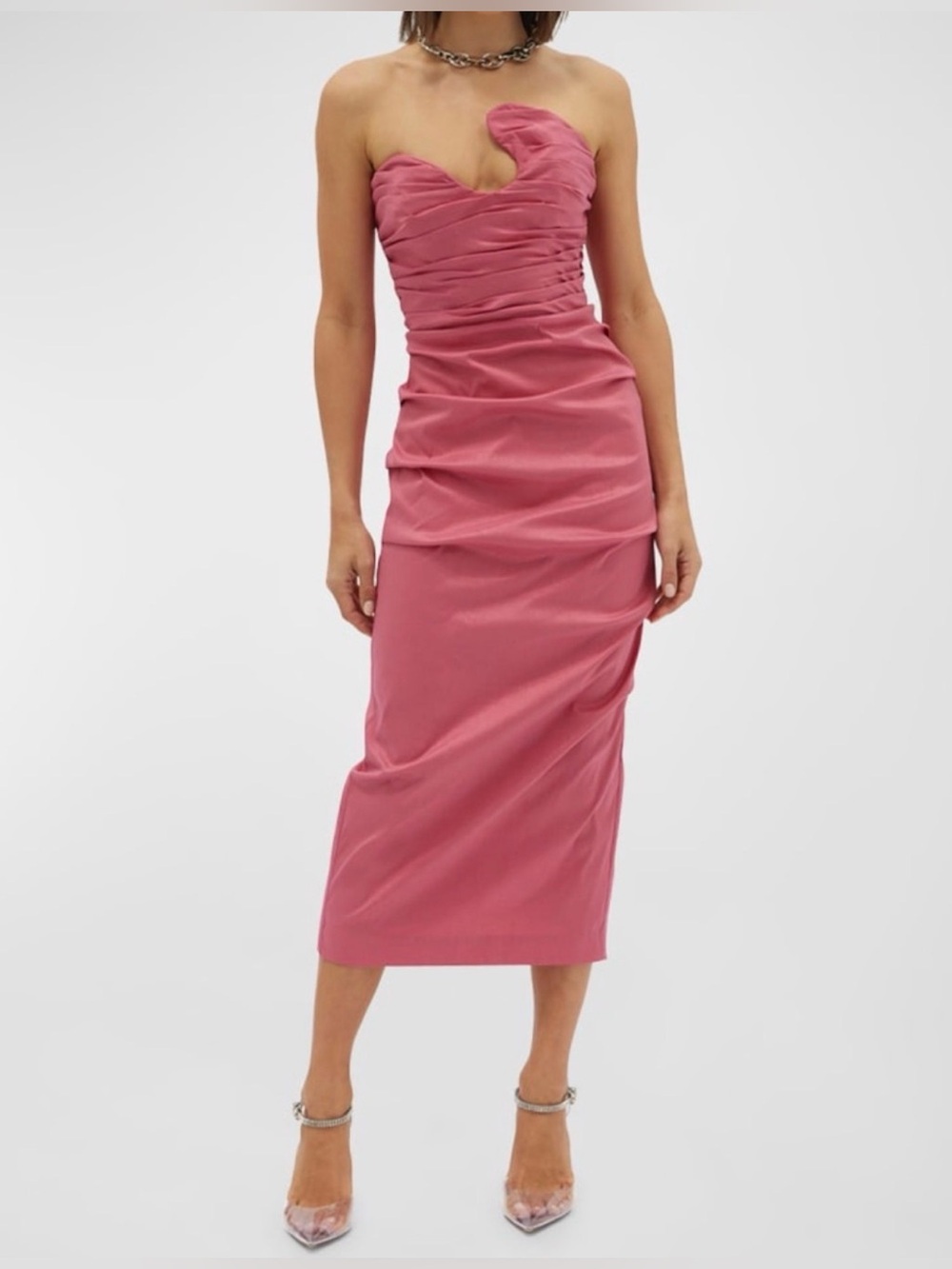 NWOT Rachel Gilbert Cheri Sculpture Strapless Draped Midi Dress in Rose Pink